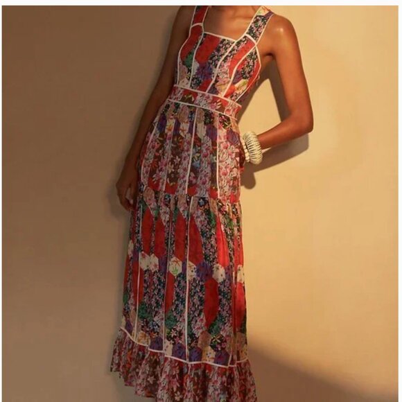 ⭐️ Square Floral Peasant Boho Art Deco Chic Hip Farm Glam Patchwork Maxi Dress - Picture 9 of 9